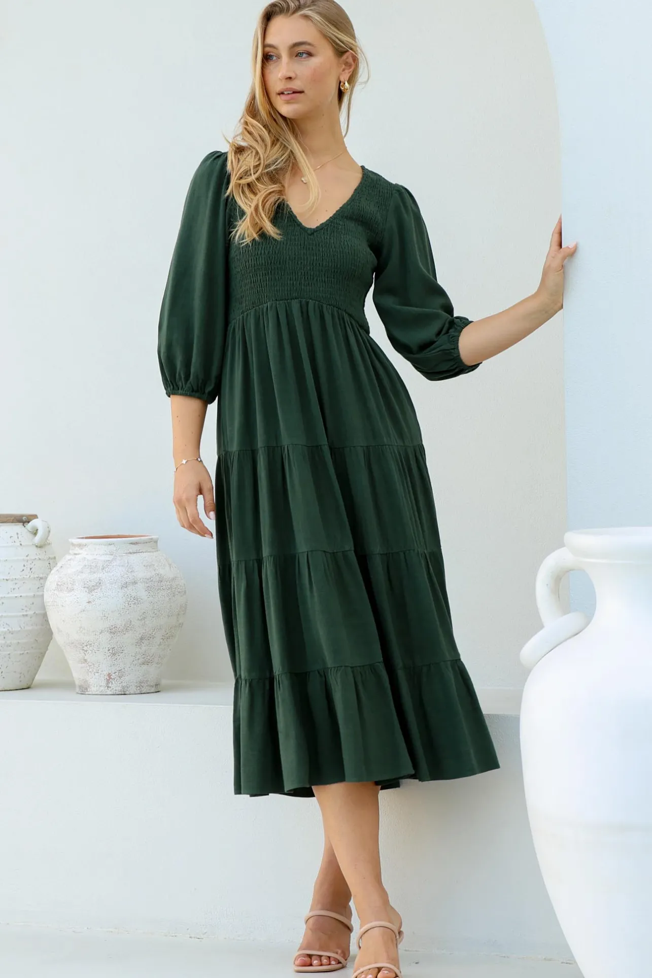 Lellah Midi Dress - Shirred Bodice Soft V Neck Tiered Dress in Green>Salty Crush New