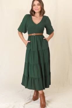 Lellah Midi Dress - Shirred Bodice Soft V Neck Tiered Dress in Green><noscript><img width=