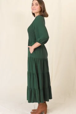Lellah Midi Dress - Shirred Bodice Soft V Neck Tiered Dress in Green><noscript><img width=