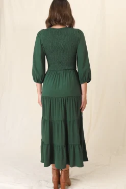 Lellah Midi Dress - Shirred Bodice Soft V Neck Tiered Dress in Green><noscript><img width=