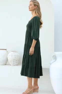 Lellah Midi Dress - Shirred Bodice Soft V Neck Tiered Dress in Green><noscript><img width=