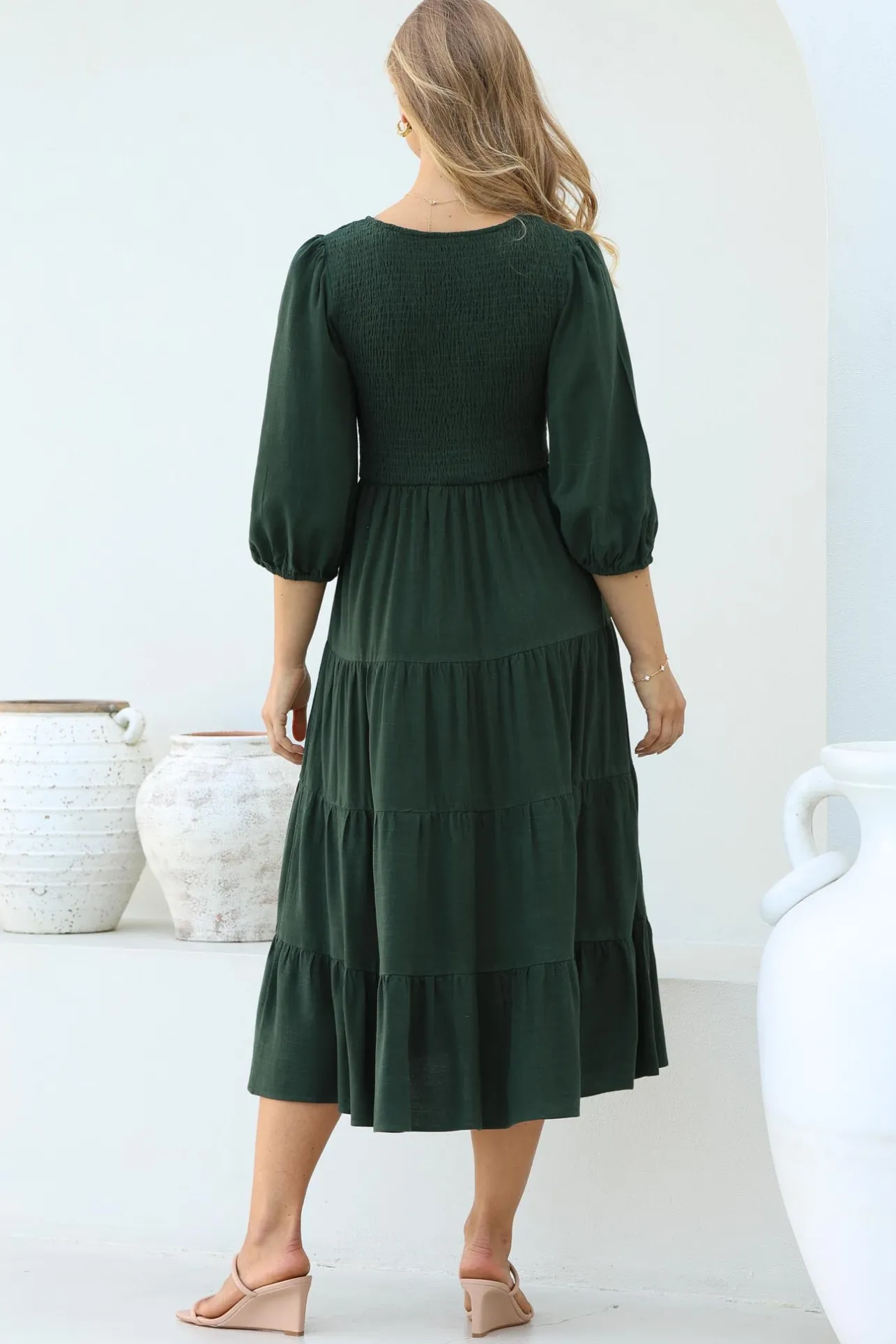 Lellah Midi Dress - Shirred Bodice Soft V Neck Tiered Dress in Green>Salty Crush New