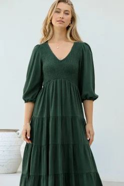Lellah Midi Dress - Shirred Bodice Soft V Neck Tiered Dress in Green><noscript><img width=