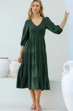 Lellah Midi Dress - Shirred Bodice Soft V Neck Tiered Dress in Green><noscript><img width=