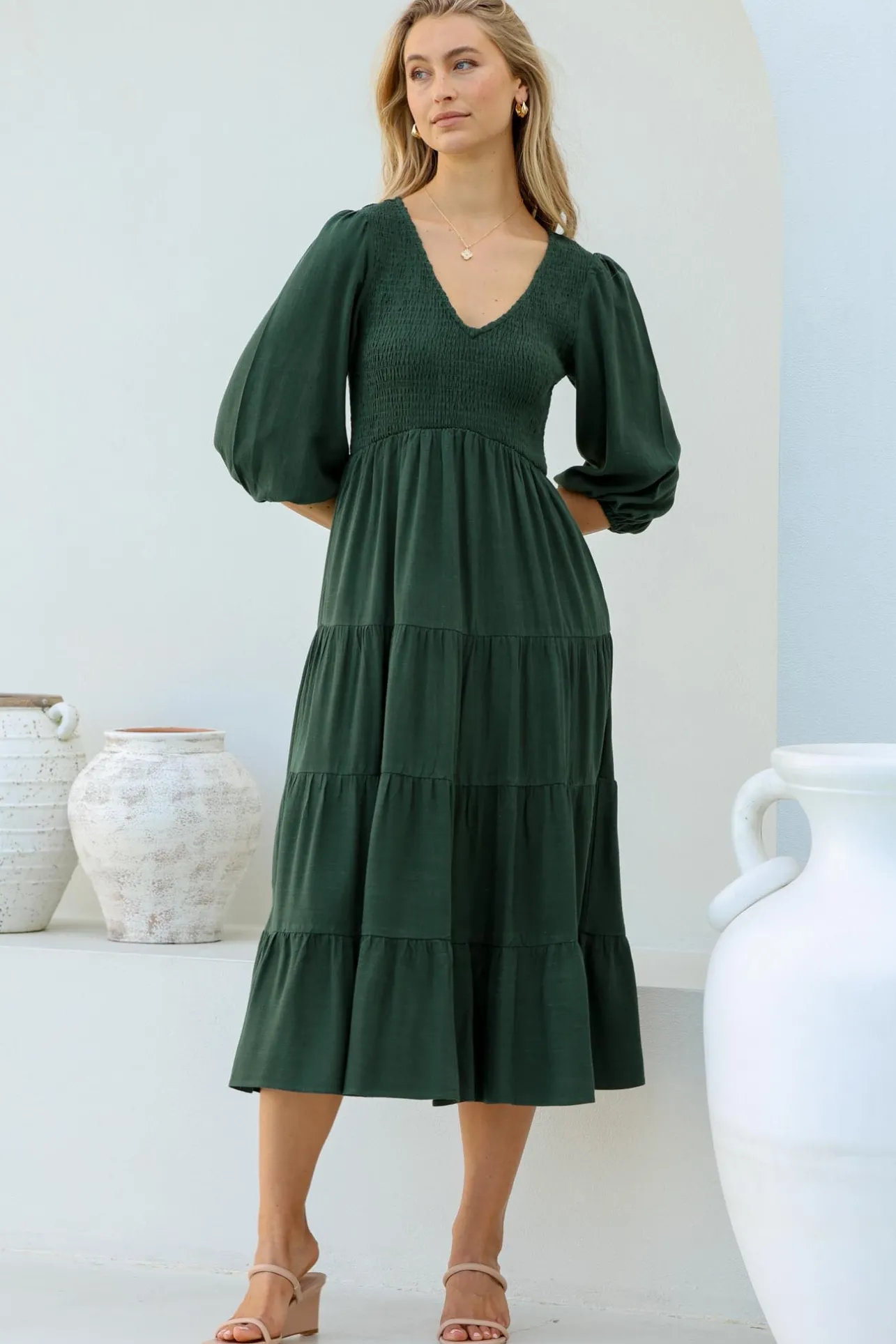 Lellah Midi Dress - Shirred Bodice Soft V Neck Tiered Dress in Green>Salty Crush New
