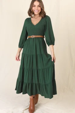 Lellah Midi Dress - Shirred Bodice Soft V Neck Tiered Dress in Green><noscript><img width=