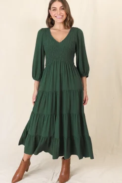 Lellah Midi Dress - Shirred Bodice Soft V Neck Tiered Dress in Green><noscript><img width=