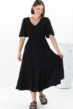 Lellah Midi Dress - Shirred Bodice Soft V Neck Tiered Dress in Black>Salty Crush New