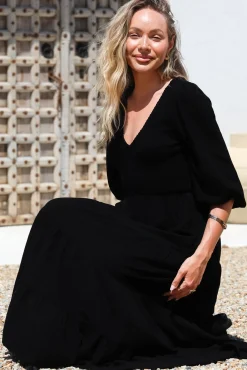 Lellah Midi Dress - Shirred Bodice Soft V Neck Tiered Dress in Black><noscript><img width=