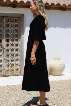 Lellah Midi Dress - Shirred Bodice Soft V Neck Tiered Dress in Black><noscript><img width=
