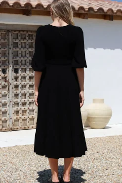 Lellah Midi Dress - Shirred Bodice Soft V Neck Tiered Dress in Black><noscript><img width=