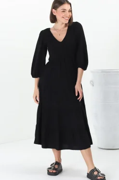 Lellah Midi Dress - Shirred Bodice Soft V Neck Tiered Dress in Black><noscript><img width=