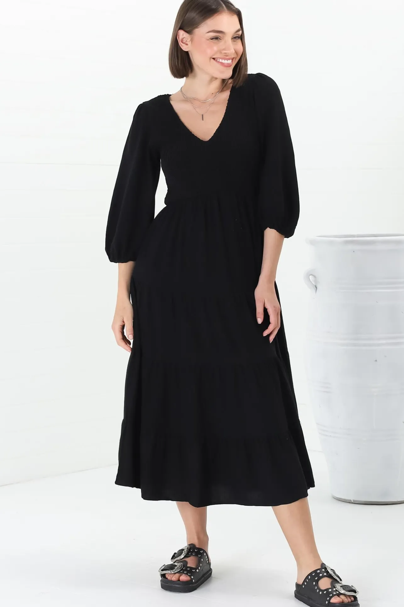 Lellah Midi Dress - Shirred Bodice Soft V Neck Tiered Dress in Black>Salty Crush New
