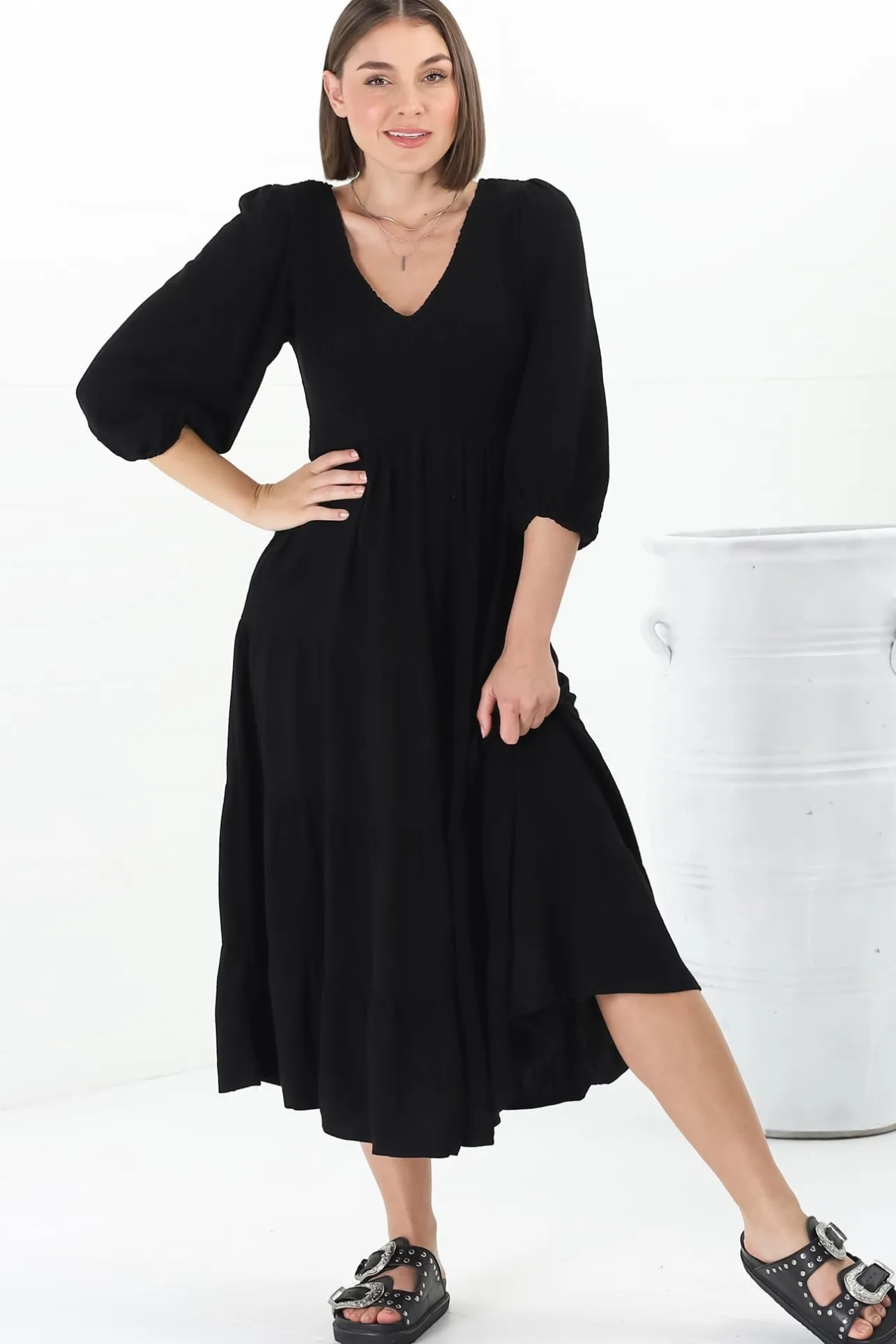Lellah Midi Dress - Shirred Bodice Soft V Neck Tiered Dress in Black>Salty Crush New