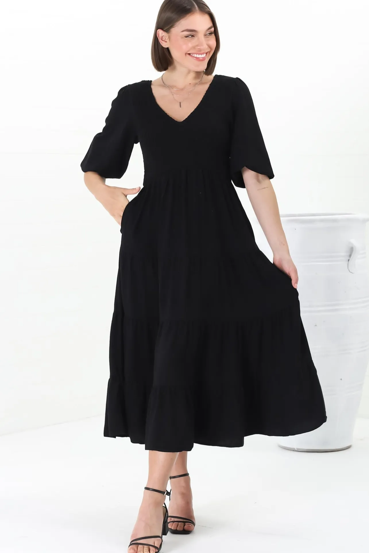 Lellah Midi Dress - Shirred Bodice Soft V Neck Tiered Dress in Black>Salty Crush New