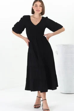Lellah Midi Dress - Shirred Bodice Soft V Neck Tiered Dress in Black><noscript><img width=