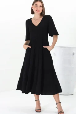 Lellah Midi Dress - Shirred Bodice Soft V Neck Tiered Dress in Black><noscript><img width=
