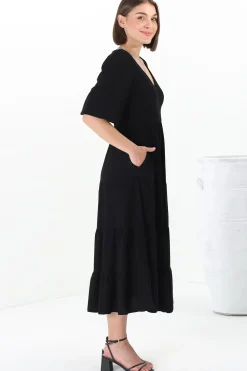 Lellah Midi Dress - Shirred Bodice Soft V Neck Tiered Dress in Black><noscript><img width=
