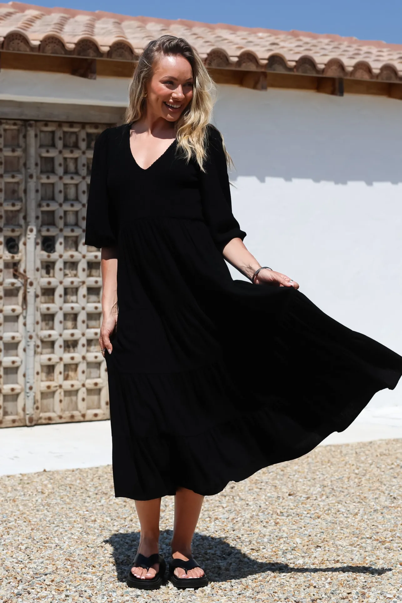 Lellah Midi Dress - Shirred Bodice Soft V Neck Tiered Dress in Black>Salty Crush New