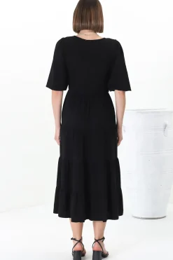 Lellah Midi Dress - Shirred Bodice Soft V Neck Tiered Dress in Black><noscript><img width=