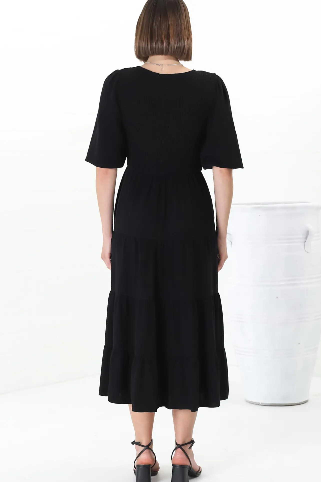 Lellah Midi Dress - Shirred Bodice Soft V Neck Tiered Dress in Black>Salty Crush New