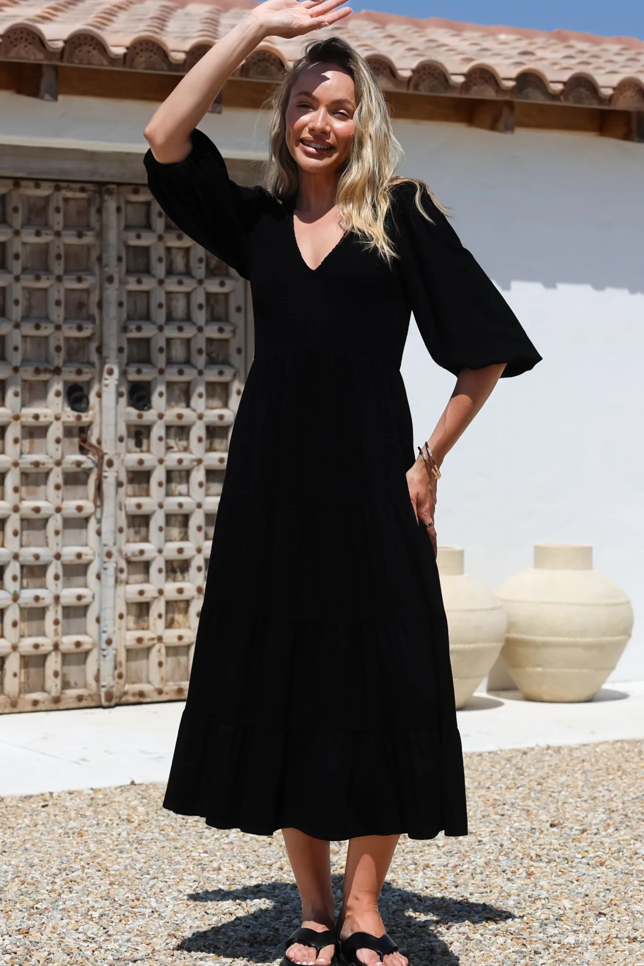 Lellah Midi Dress - Shirred Bodice Soft V Neck Tiered Dress in Black>Salty Crush New