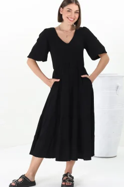 Lellah Midi Dress - Shirred Bodice Soft V Neck Tiered Dress in Black><noscript><img width=