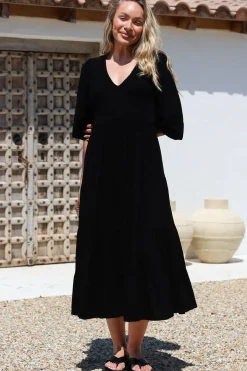 Lellah Midi Dress - Shirred Bodice Soft V Neck Tiered Dress in Black><noscript><img width=