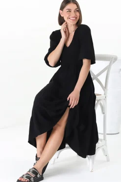 Lellah Midi Dress - Shirred Bodice Soft V Neck Tiered Dress in Black><noscript><img width=