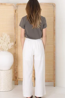 Leslie Linen Pants - Lined Linen Elasticated Waist Straight Leg Pants in White><noscript><img width=