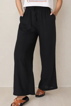 Leslie Linen Pants - Linen Elasticated Waist Straight Leg Pants in Black>Salty Crush Outlet