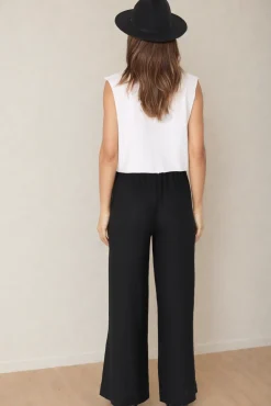 Leslie Linen Pants - Linen Elasticated Waist Straight Leg Pants in Black><noscript><img width=