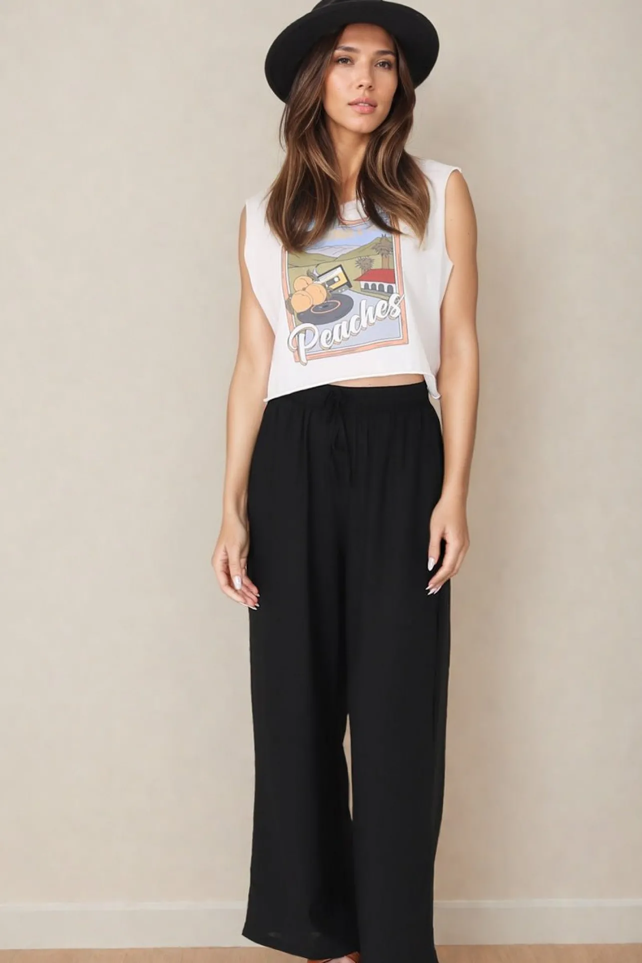 Leslie Linen Pants - Linen Elasticated Waist Straight Leg Pants in Black>Salty Crush Outlet