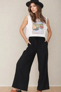 Leslie Linen Pants - Linen Elasticated Waist Straight Leg Pants in Black><noscript><img width=