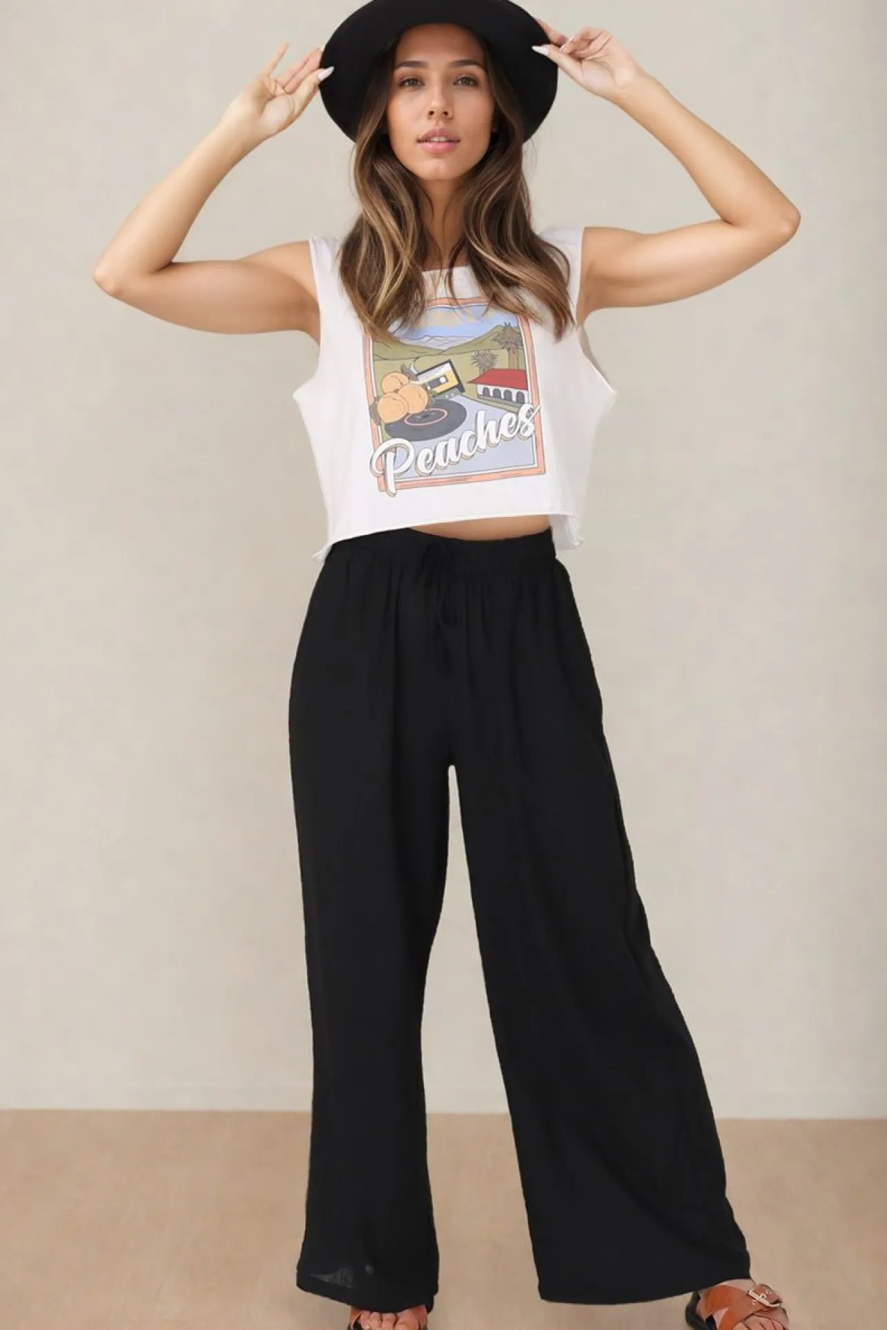 Leslie Linen Pants - Linen Elasticated Waist Straight Leg Pants in Black>Salty Crush Outlet