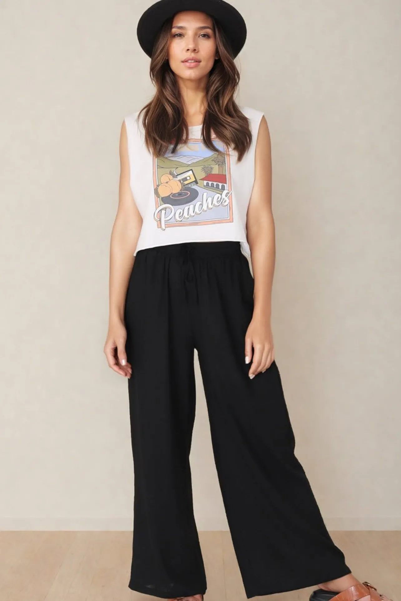 Leslie Linen Pants - Linen Elasticated Waist Straight Leg Pants in Black>Salty Crush Outlet