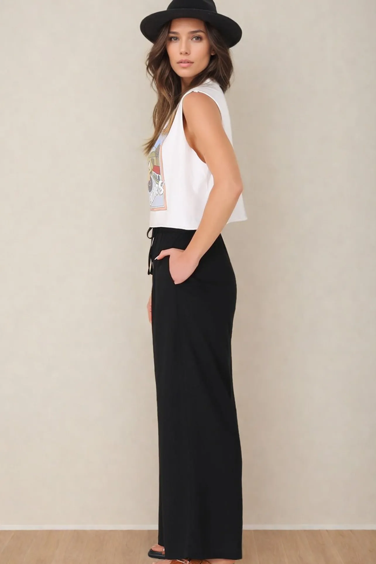 Leslie Linen Pants - Linen Elasticated Waist Straight Leg Pants in Black>Salty Crush Outlet
