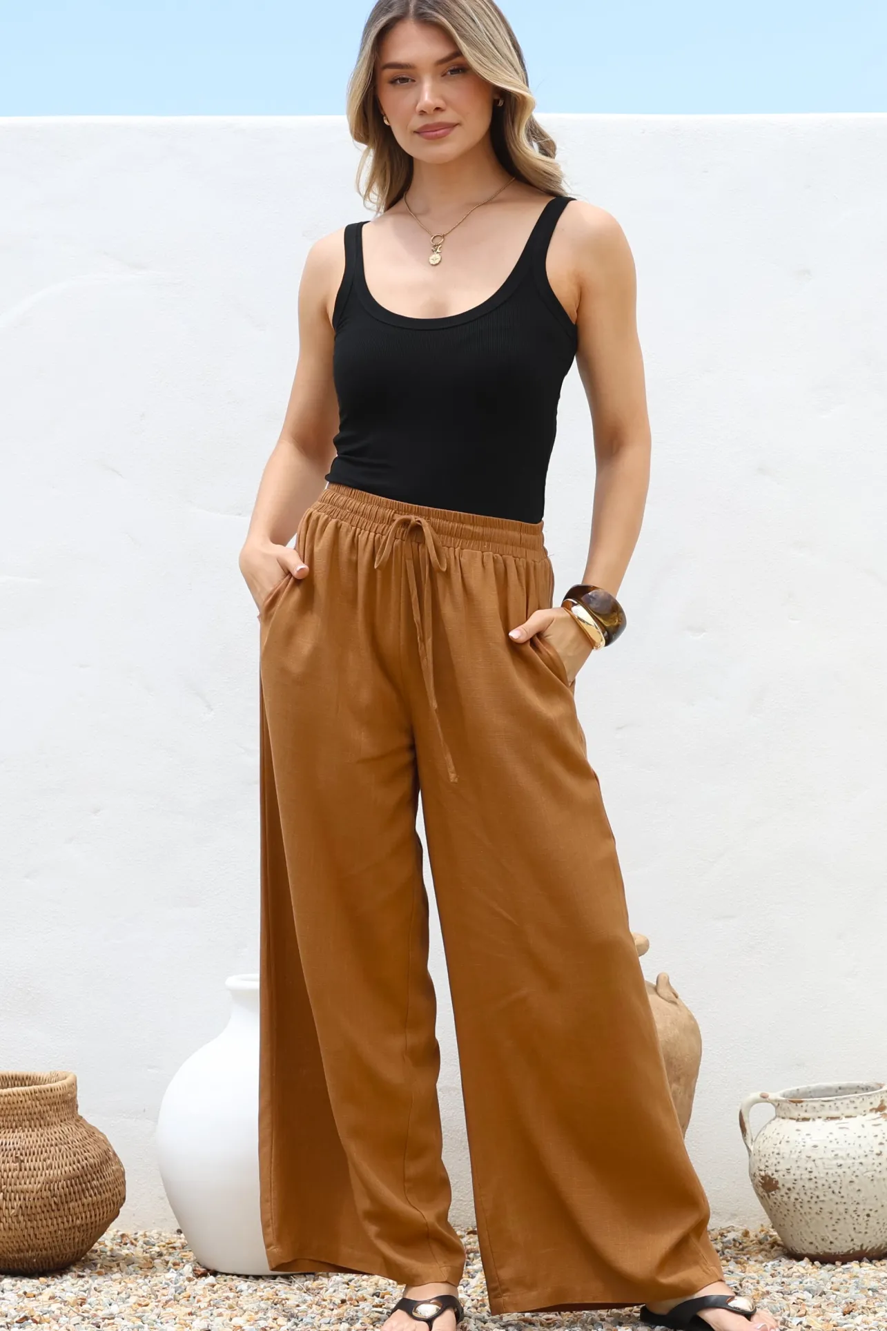 Leslie Linen Pants - Linen Elasticated Waist Straight Leg Pants in Terracotta>Salty Crush Sale
