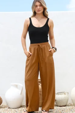 Leslie Linen Pants - Linen Elasticated Waist Straight Leg Pants in Terracotta>Salty Crush Sale