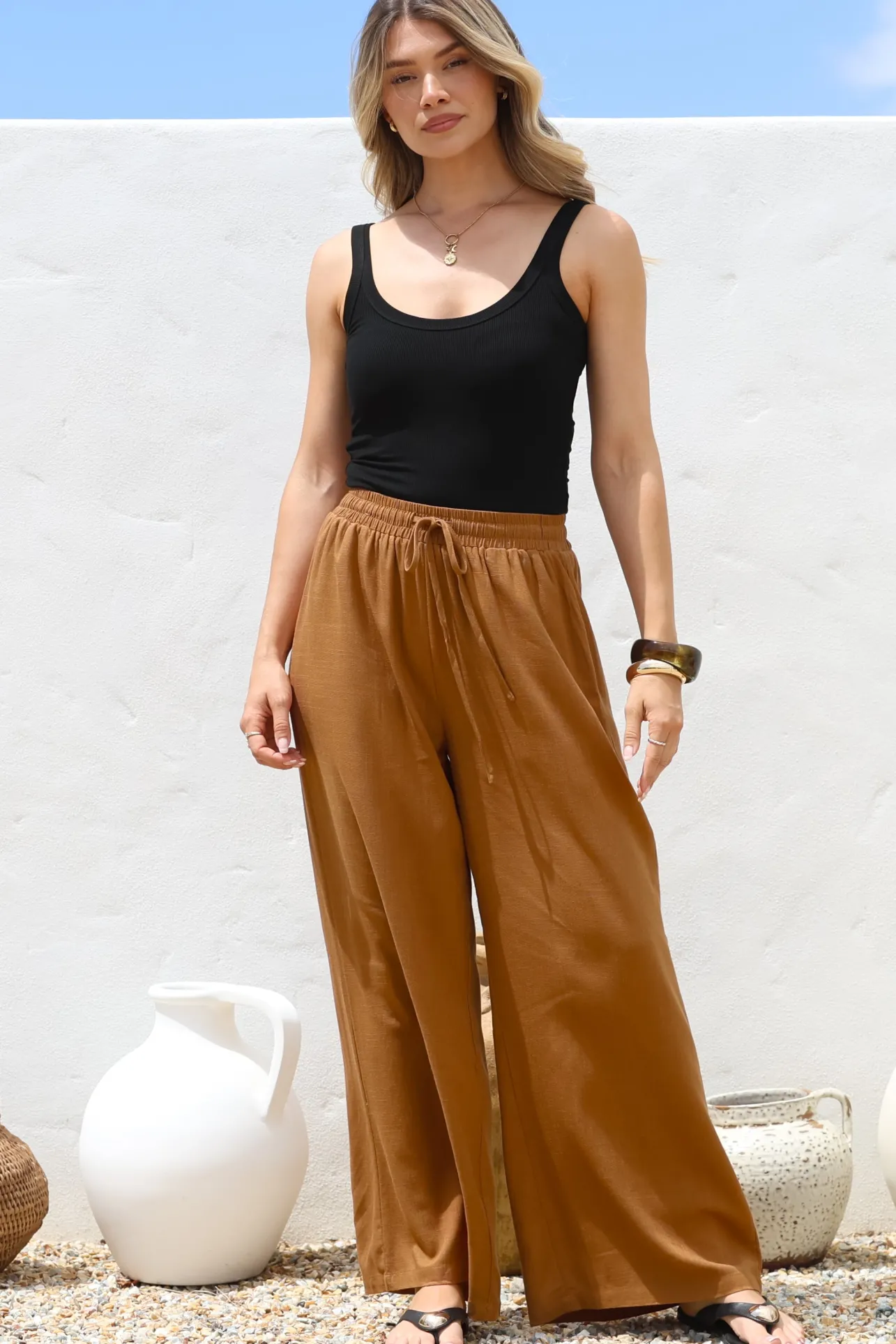 Leslie Linen Pants - Linen Elasticated Waist Straight Leg Pants in Terracotta>Salty Crush Sale