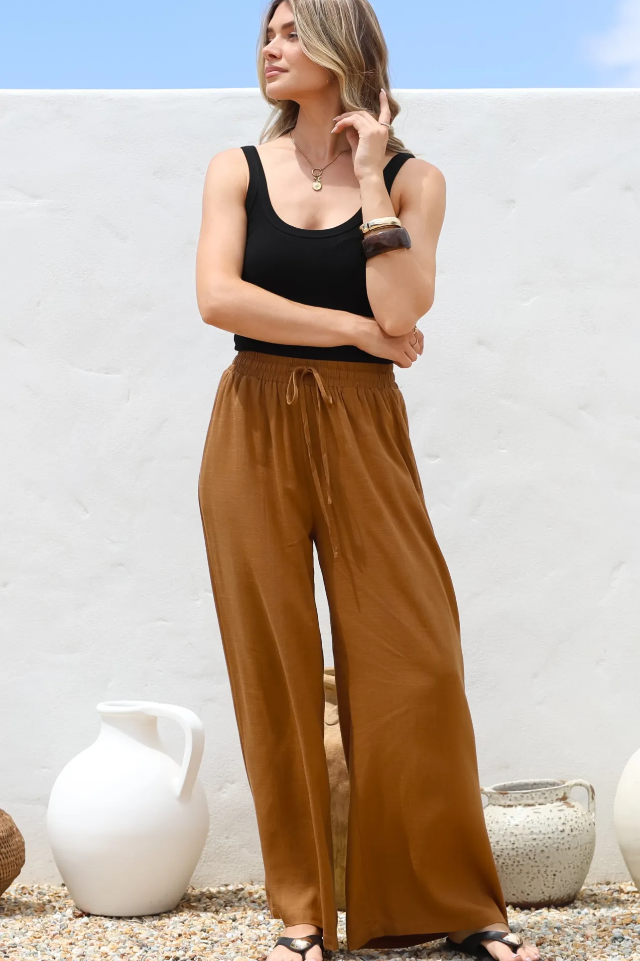 Leslie Linen Pants - Linen Elasticated Waist Straight Leg Pants in Terracotta>Salty Crush Sale