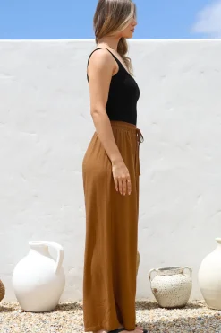 Leslie Linen Pants - Linen Elasticated Waist Straight Leg Pants in Terracotta><noscript><img width=