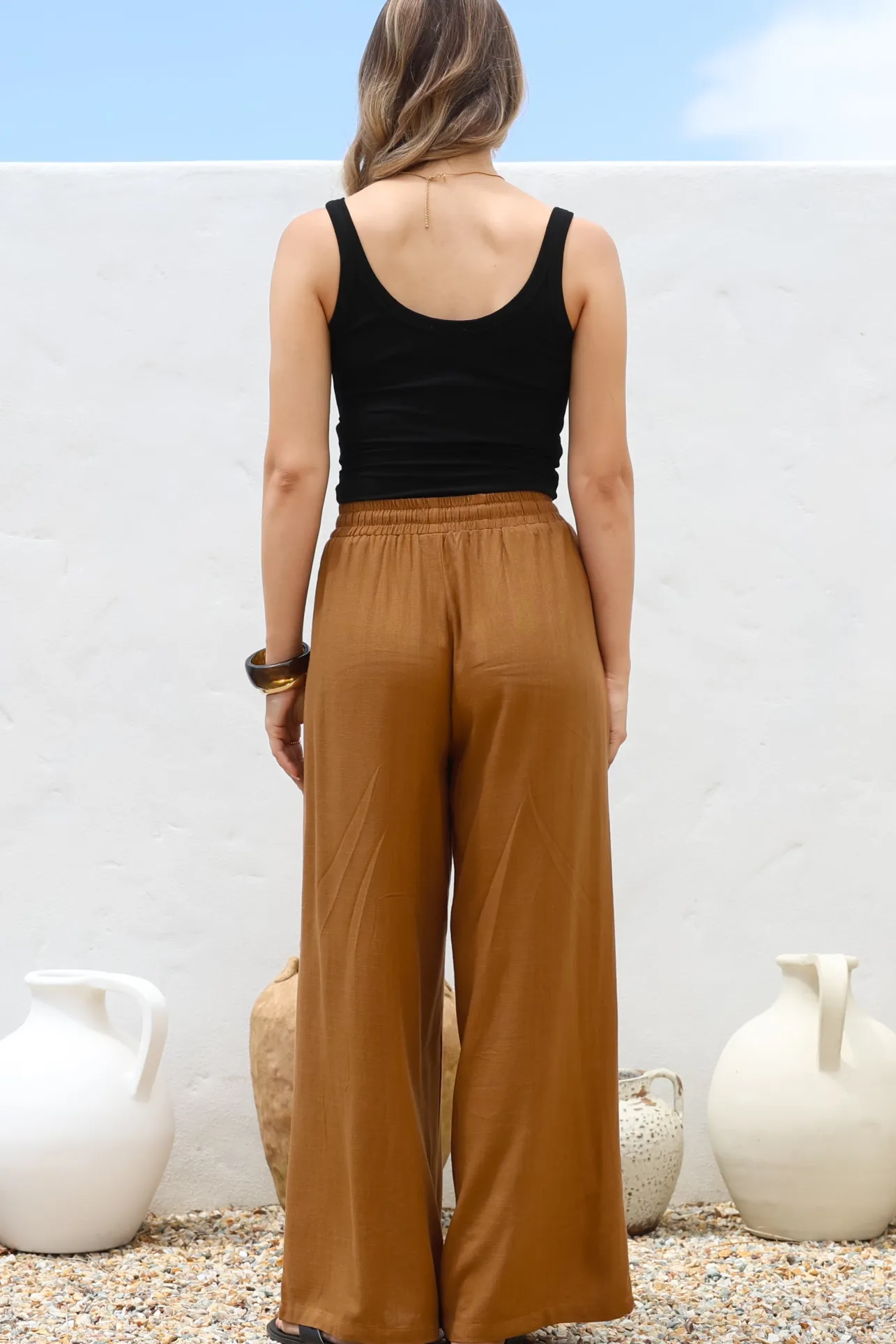 Leslie Linen Pants - Linen Elasticated Waist Straight Leg Pants in Terracotta>Salty Crush Sale