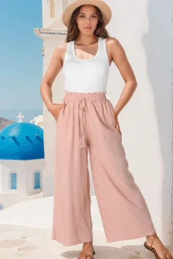 Levelle Pants - Linen Blend Paper Bag Waist with Drawstring Wide Leg Pants with Pockets in Blush>Salty Crush Best