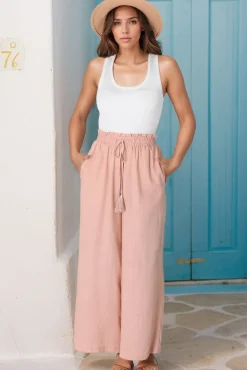 Levelle Pants - Linen Blend Paper Bag Waist with Drawstring Wide Leg Pants with Pockets in Blush><noscript><img width=
