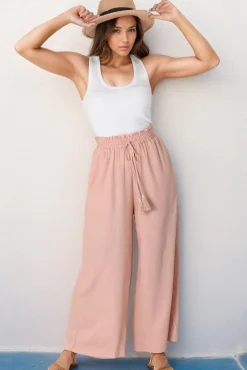 Levelle Pants - Linen Blend Paper Bag Waist with Drawstring Wide Leg Pants with Pockets in Blush><noscript><img width=