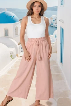 Levelle Pants - Linen Blend Paper Bag Waist with Drawstring Wide Leg Pants with Pockets in Blush><noscript><img width=