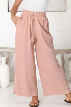Levelle Pants - Linen Blend Paper Bag Waist with Drawstring Wide Leg Pants with Pockets in Blush><noscript><img width=