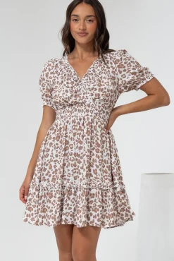 Lewie Mini Dress - Frill Hemline Cross Over Bodice Mini Dress in White Leopard Print>Salty Crush Discount