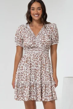 Lewie Mini Dress - Frill Hemline Cross Over Bodice Mini Dress in White Leopard Print><noscript><img width=